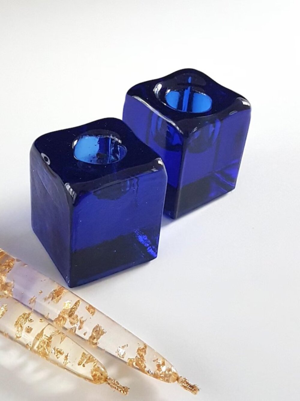 Vintage Cobalt Blue Hand-Blown Glass Cube Taper Candle Holders Set of 2